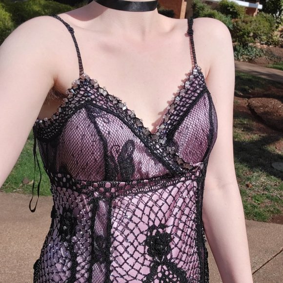 Y2K Sue Wong Slip Dress crochet beaded silk floral lace - Picture 2 of 11